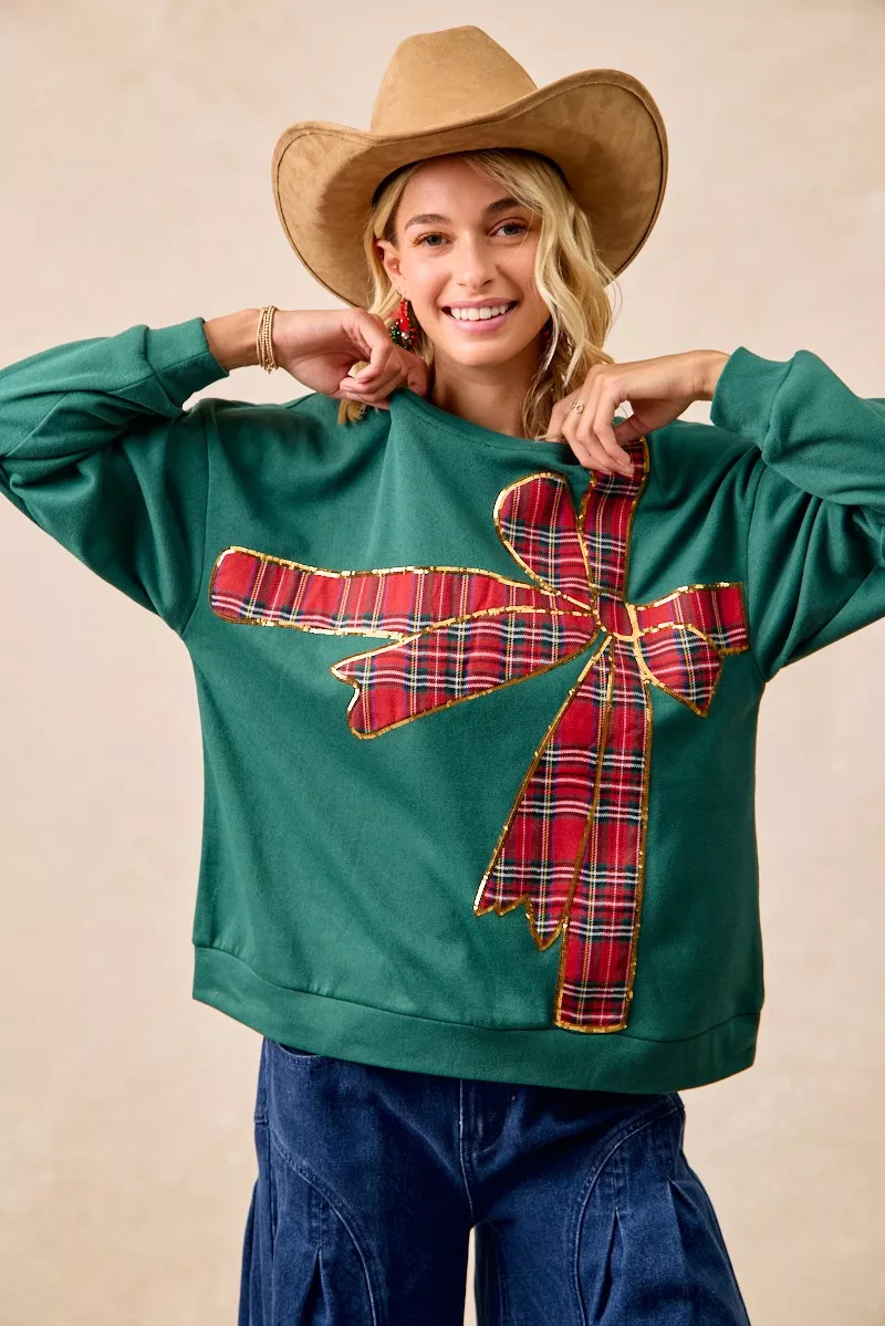 BiBi Plaid Ribbon Bow Detail Christmas Fleece Pullover - Image 6