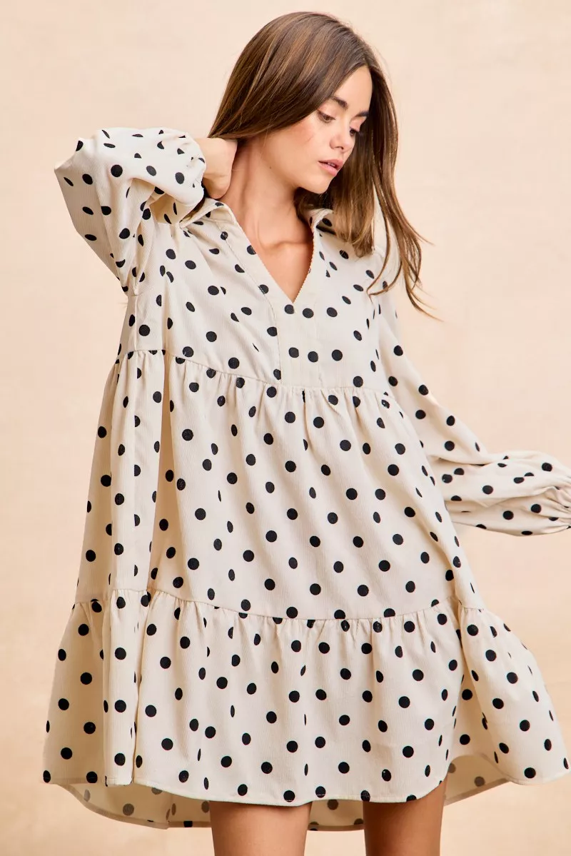 BiBi Polka Dot Corduroy Collared V Neck Dress - Image 13