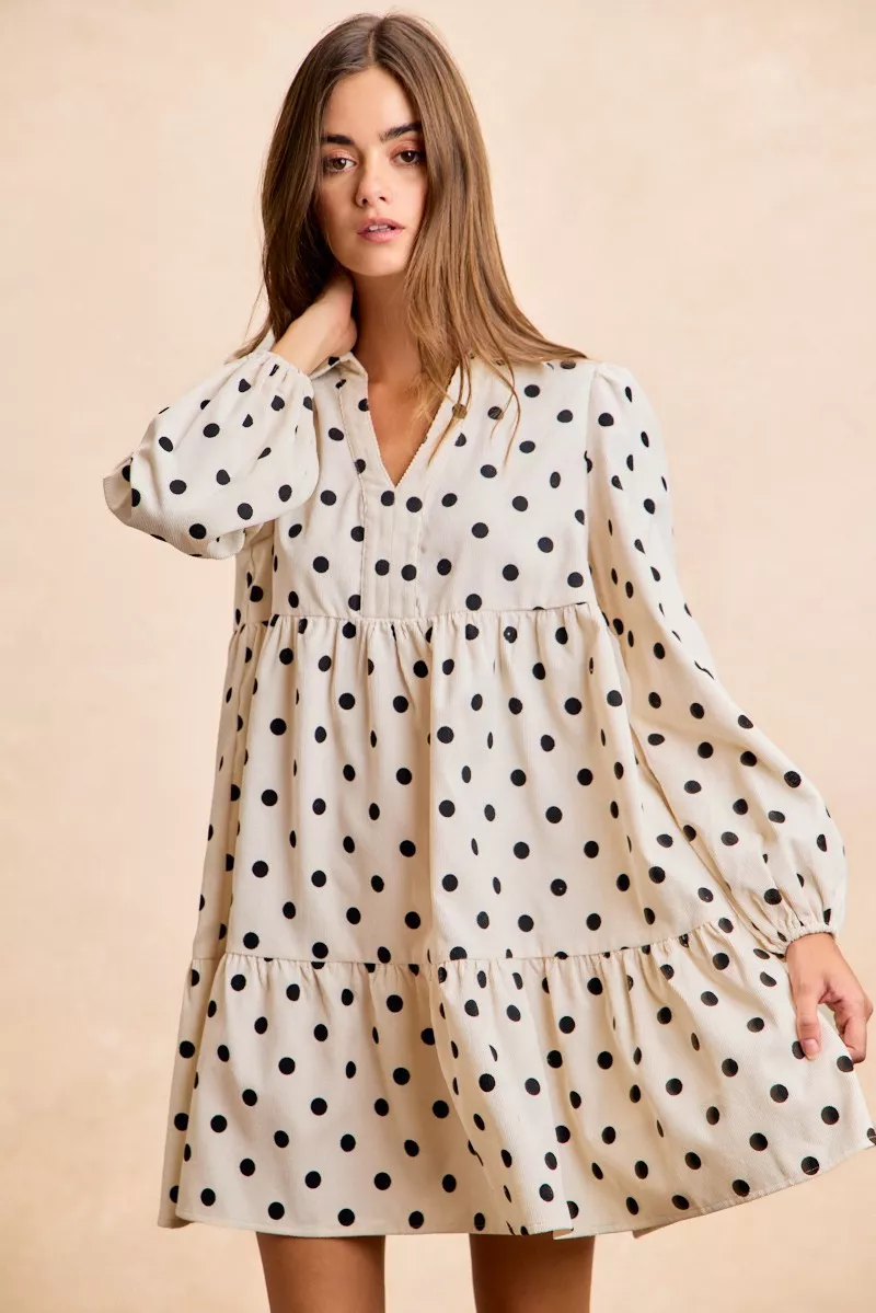 BiBi Polka Dot Corduroy Collared V Neck Dress - Image 5
