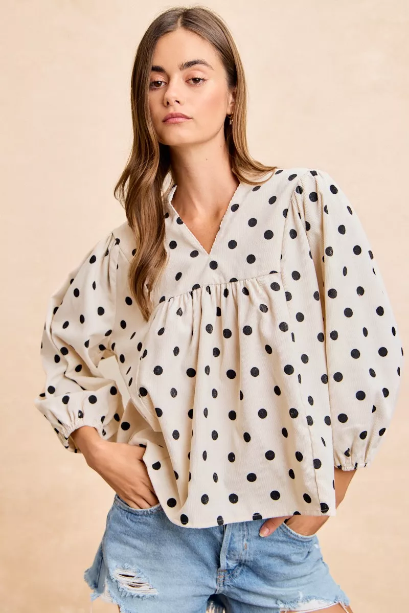 BiBi Polka Dot Corduroy Quarter Sleeves V Neck Blouse - Image 15