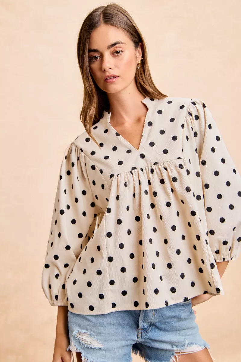 BiBi Polka Dot Corduroy Quarter Sleeves V Neck Blouse - Image 2