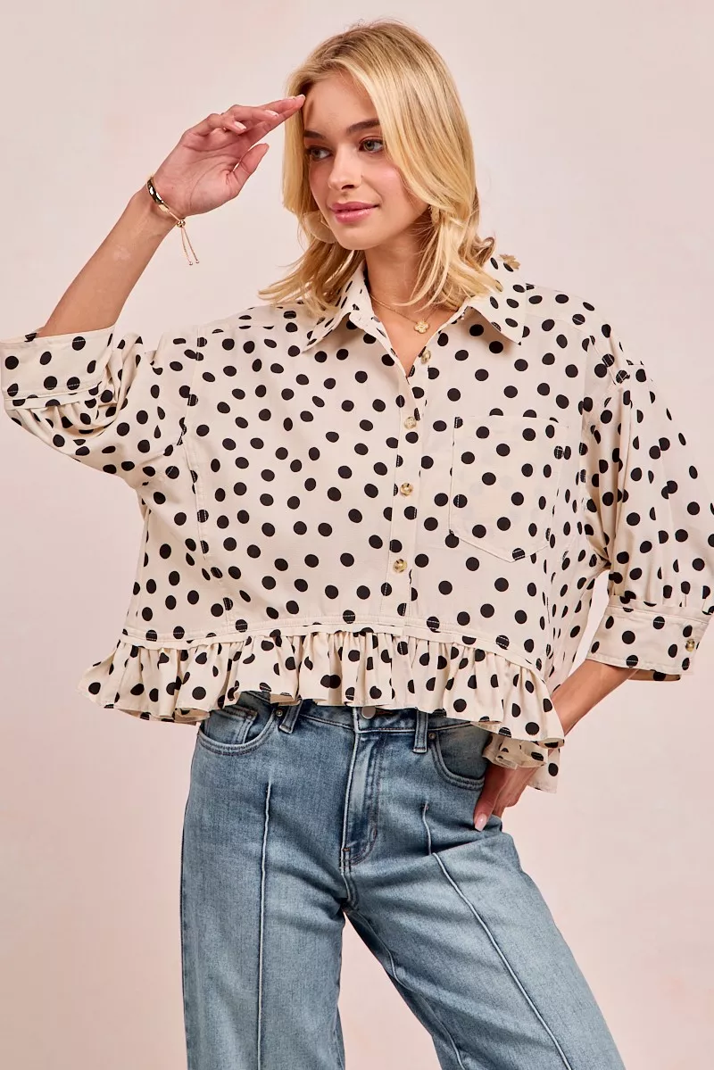 BiBi Polka Dot Printed Peplum Top with Front Button - Image 2