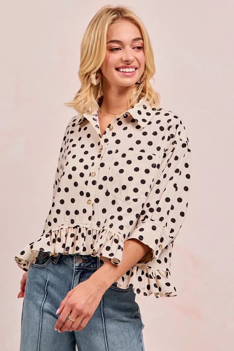 BiBi Polka Dot Printed Peplum Top with Front Button - Image 5