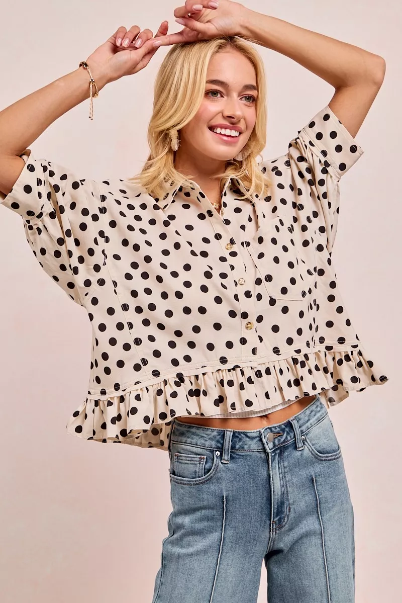 BiBi Polka Dot Printed Peplum Top with Front Button - Image 7