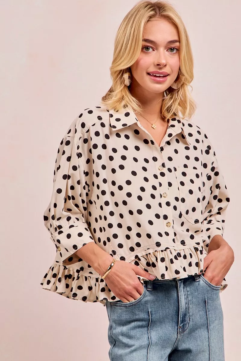 BiBi Polka Dot Printed Peplum Top with Front Button - Image 8