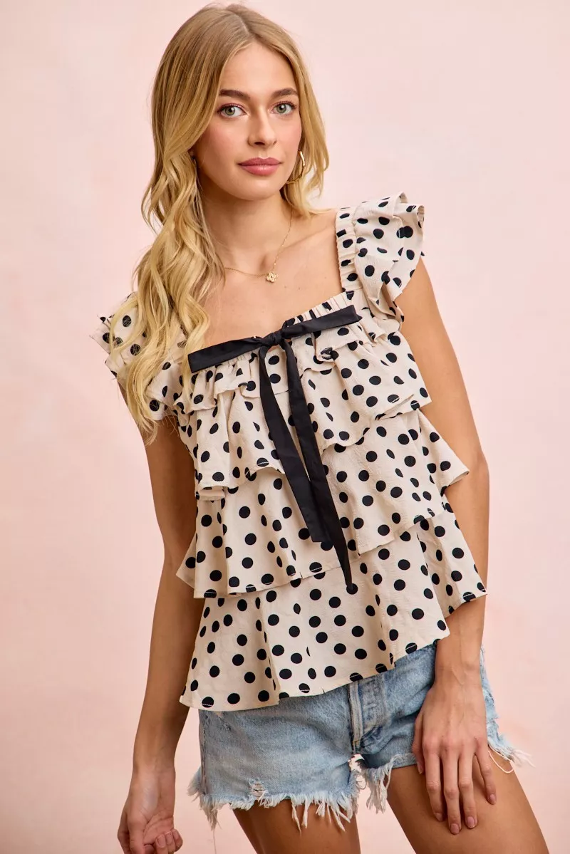 BiBi Polka Dot Ruffled Bow Tied Square Neck Sleeveless Top - Image 10