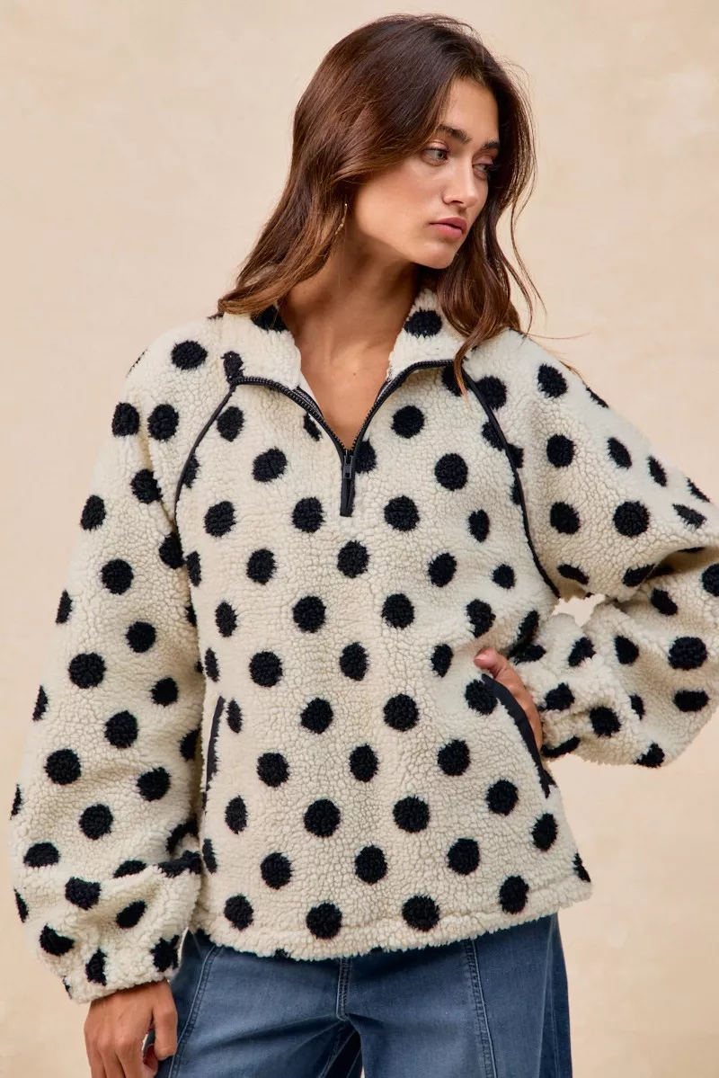BiBi Polka Dot Sherpa Half Zip Up Top with Side Pocket - Image 4