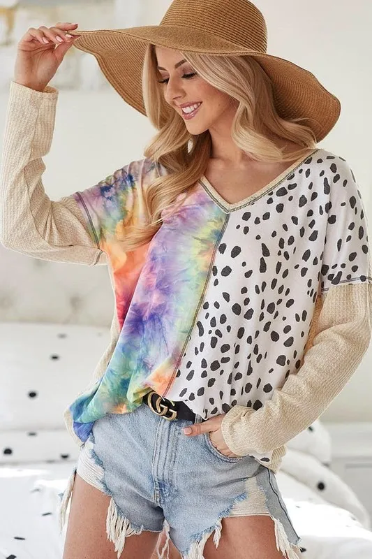 BiBi Print Block V Neck Top with Contrast Stitching - Image 5