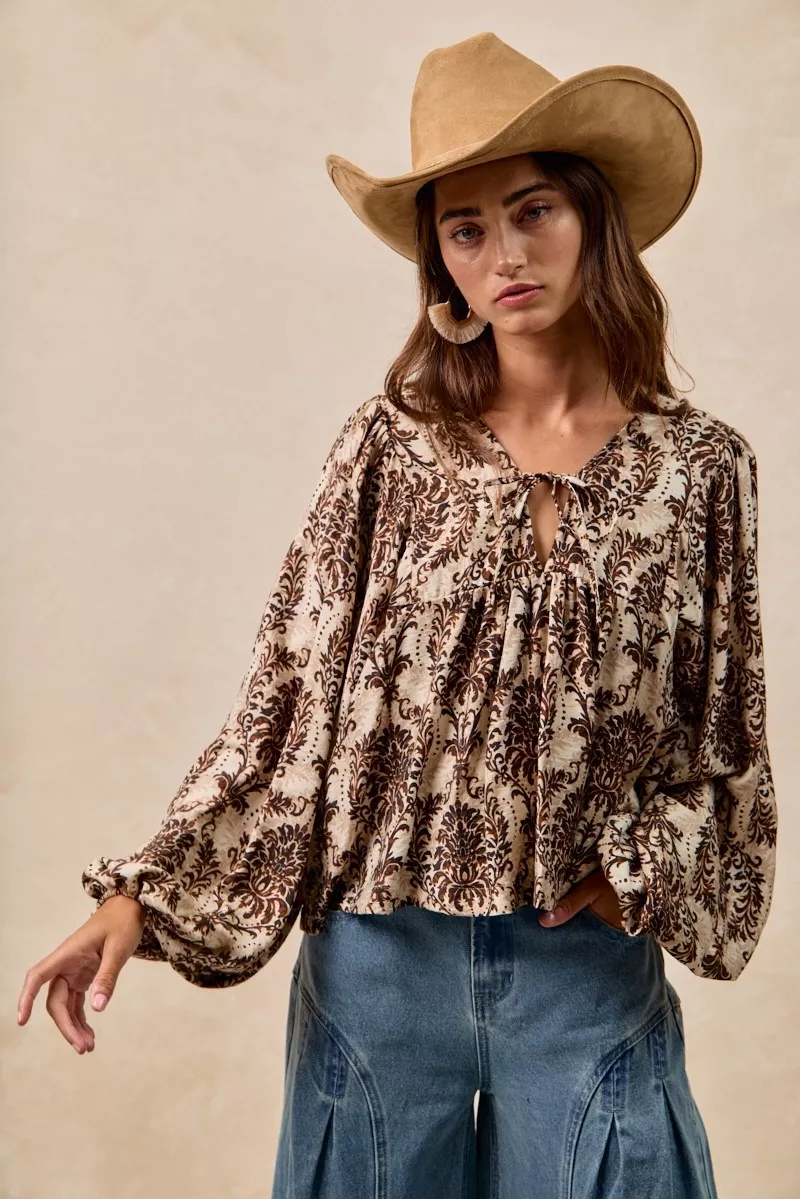BiBi Printed Woven Front Tied Blouse with Baloon Sleeve - Image 2