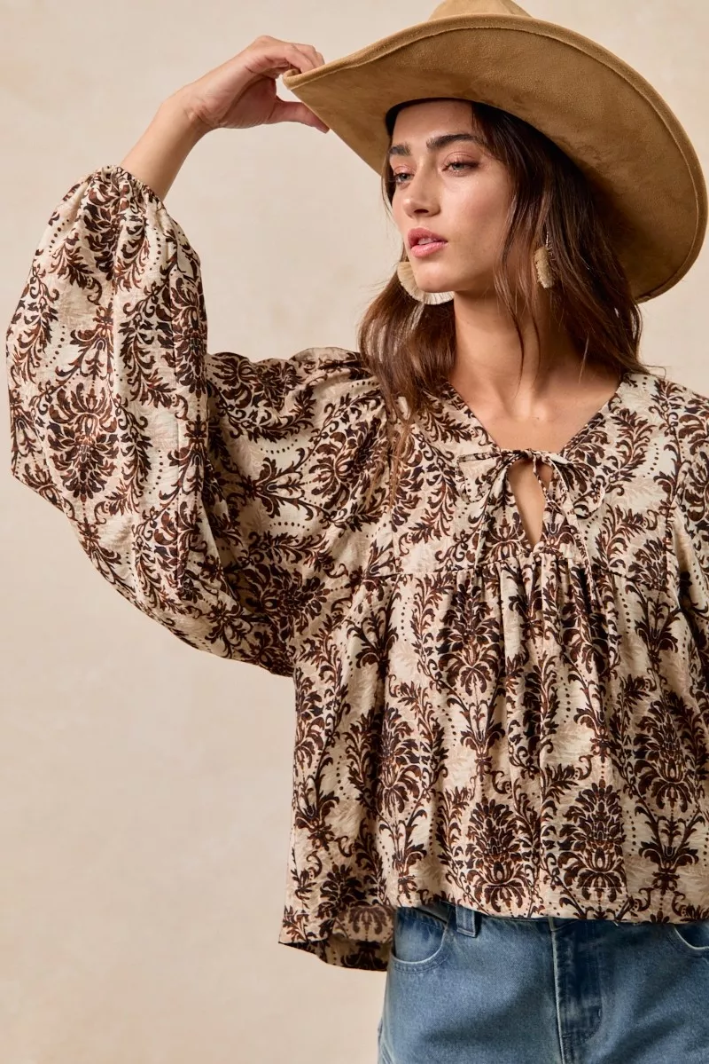 BiBi Printed Woven Front Tied Blouse with Baloon Sleeve - Image 3