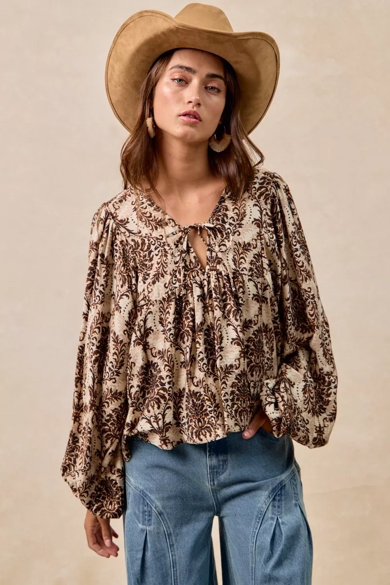 BiBi Printed Woven Front Tied Blouse with Baloon Sleeve - Image 8