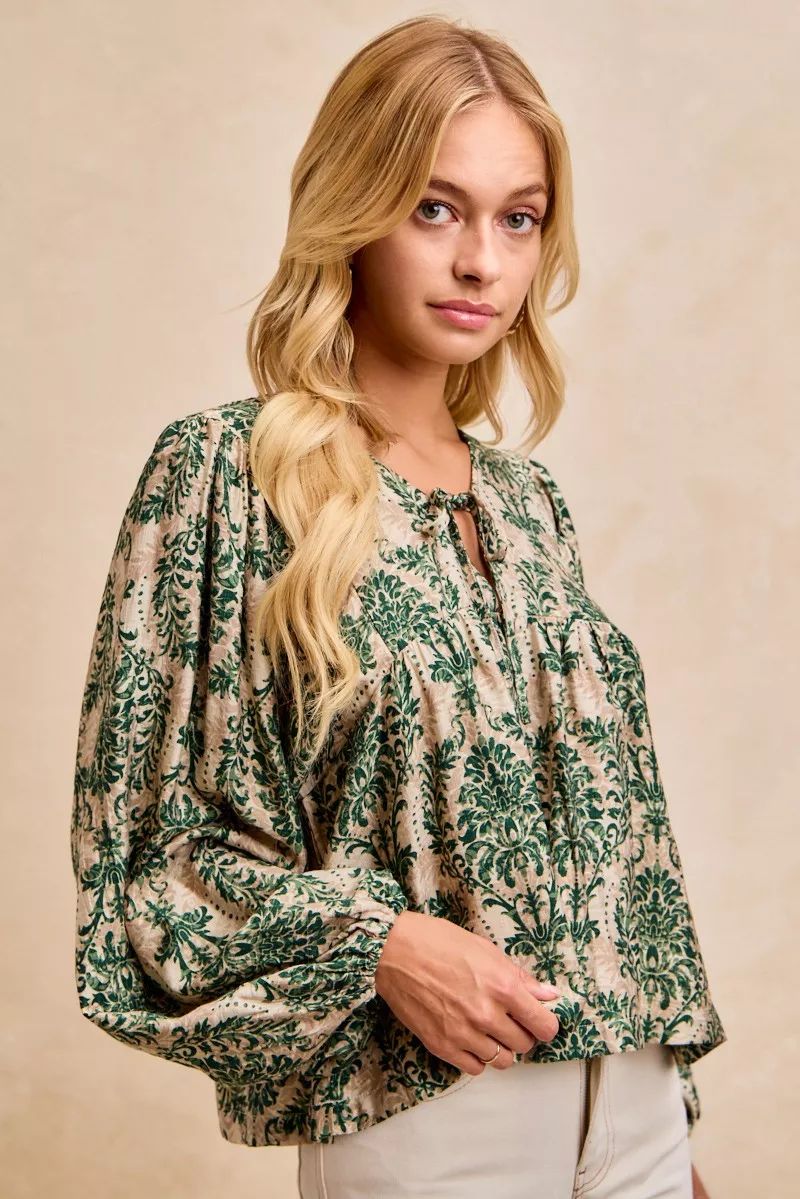 BiBi Printed Woven Front Tied Blouse with Baloon Sleeve - Image 9
