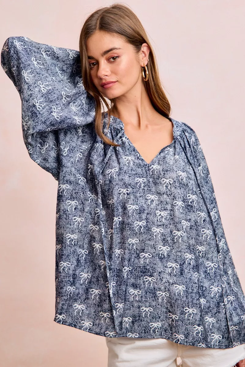 BiBi Ribbon Bow Print Exaggerated Balloon Sleeves Top - Image 10