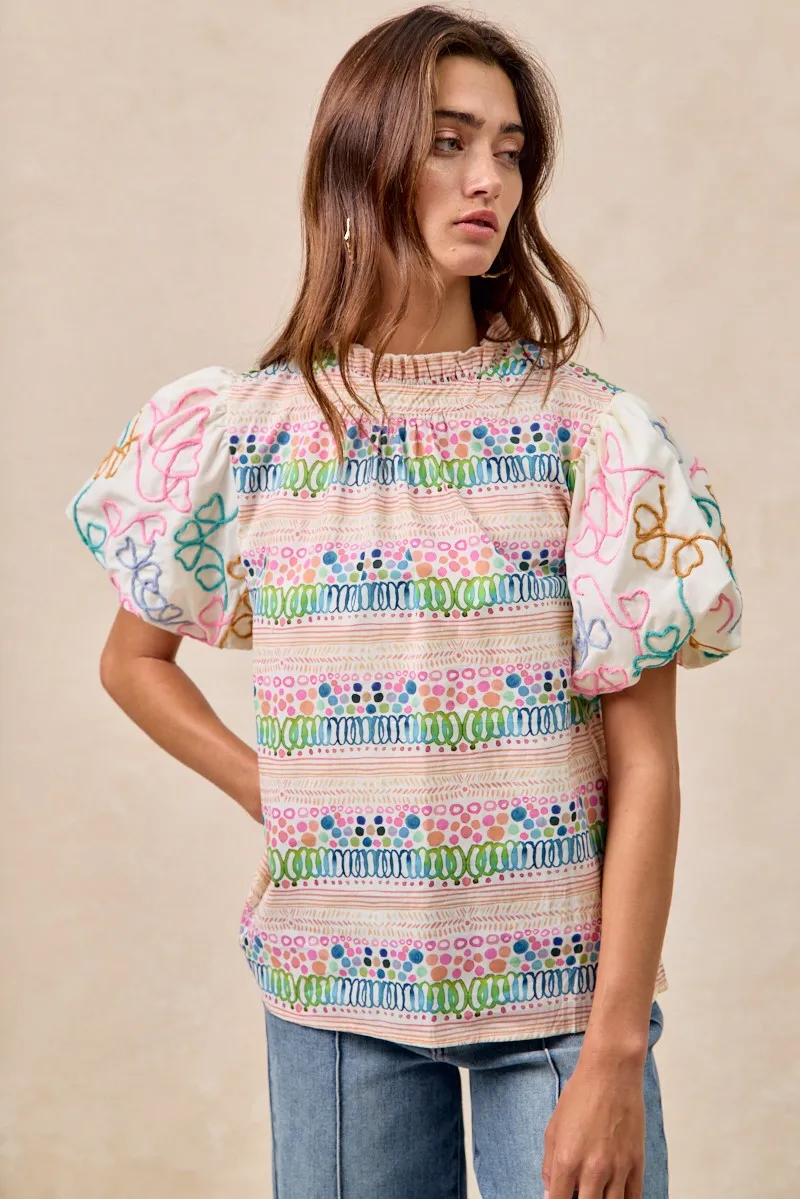 BiBi Ruffle Neckline Blouse With Embroidery Bubble Sleeve - Image 11