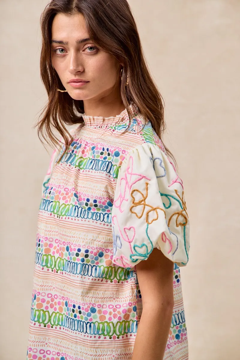 BiBi Ruffle Neckline Blouse With Embroidery Bubble Sleeve - Image 28