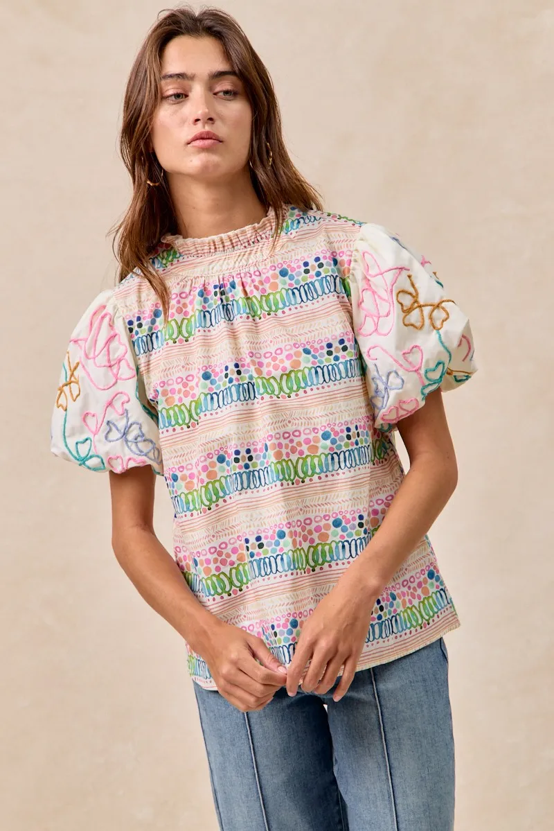BiBi Ruffle Neckline Blouse With Embroidery Bubble Sleeve - Image 7