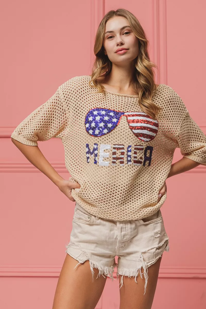 BiBi Sequin American Flag Sunglasses Knit Cover Up - Image 6