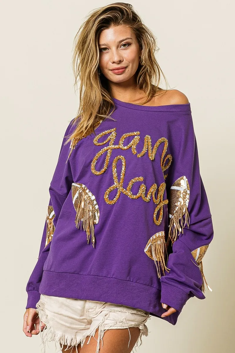 BiBi Sequin Football Patches Game Day Sweatshirt - Image 3