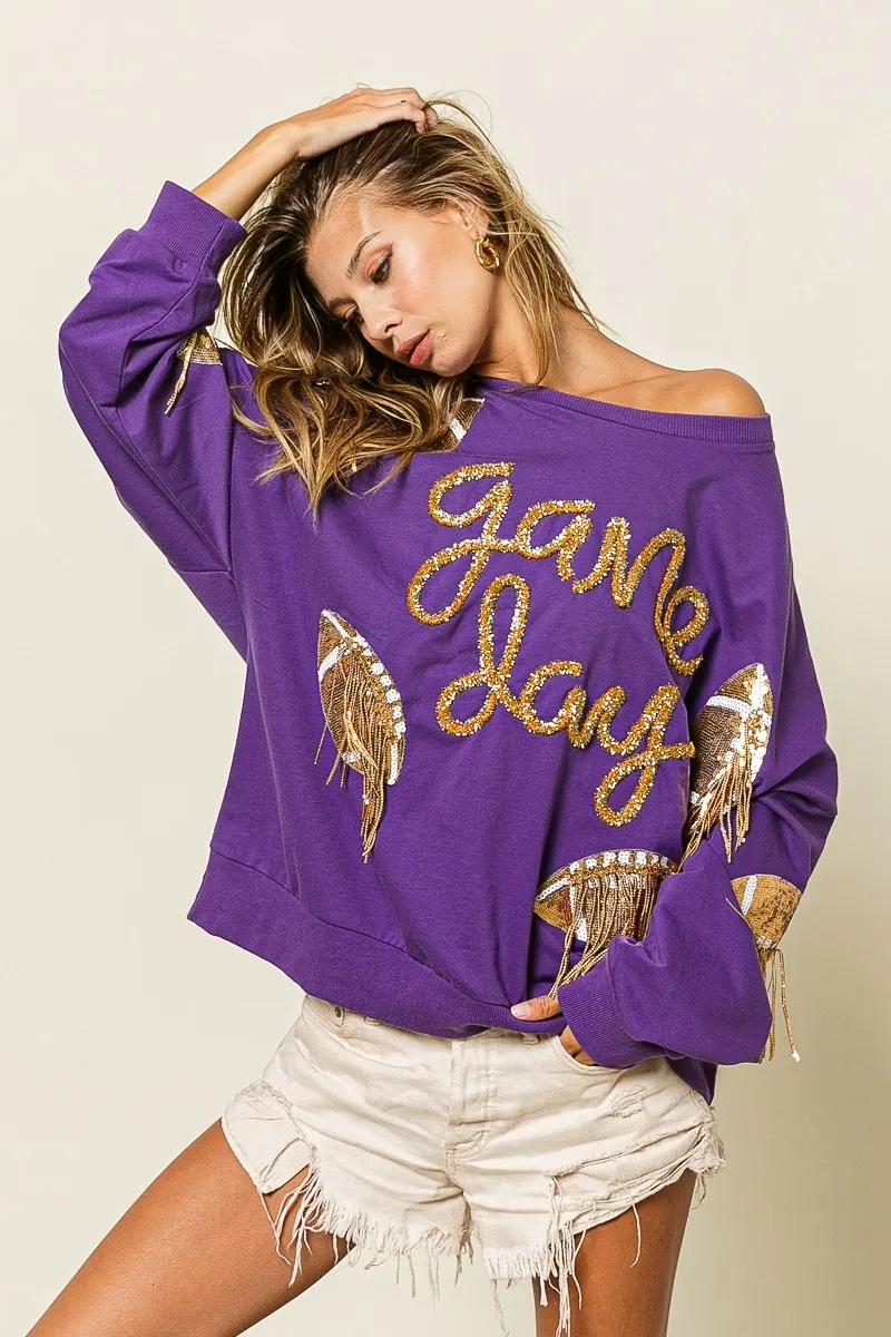 BiBi Sequin Football Patches Game Day Sweatshirt - Image 4