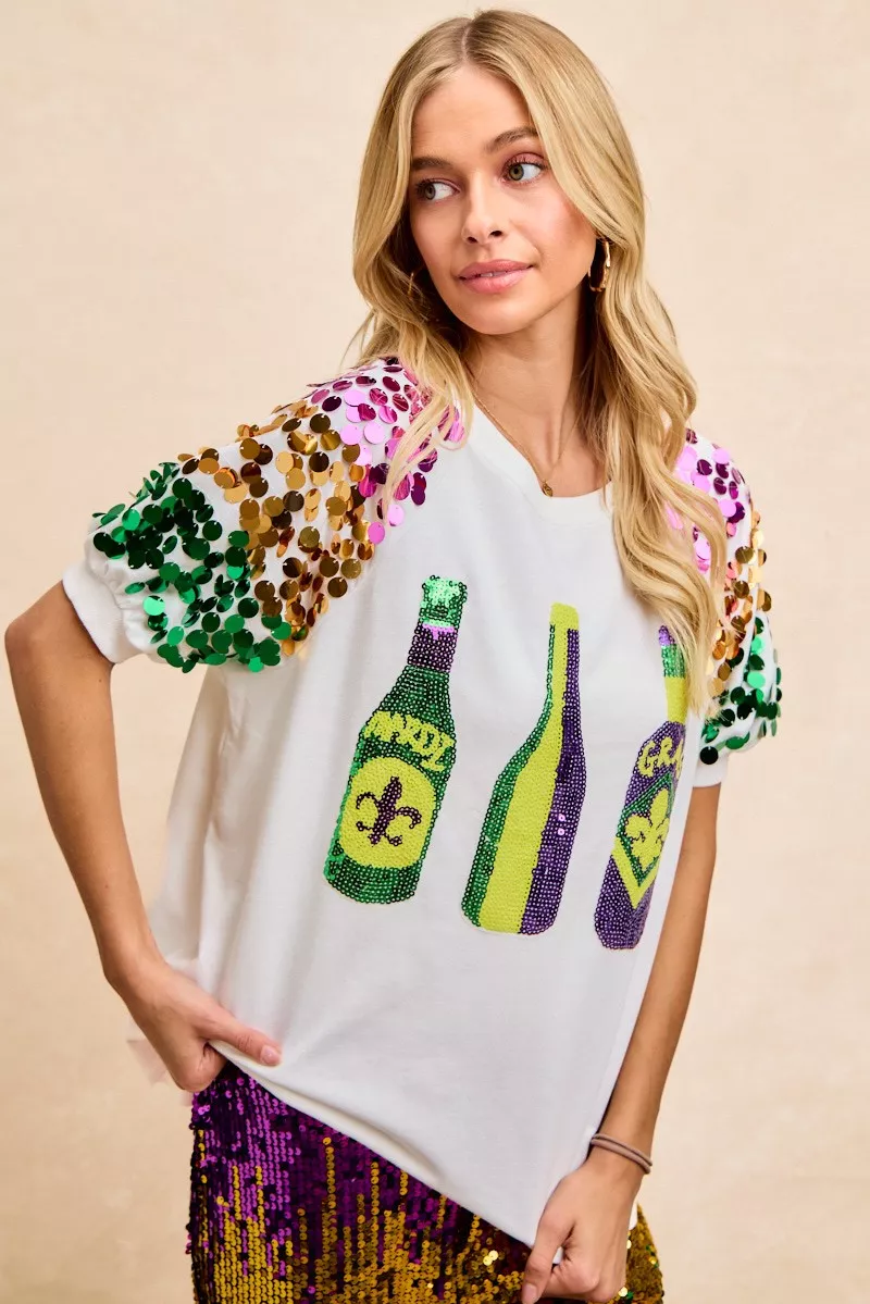 BiBi Sequin Mardi Gras Bottles Spangled Sleeve Top - Image 2