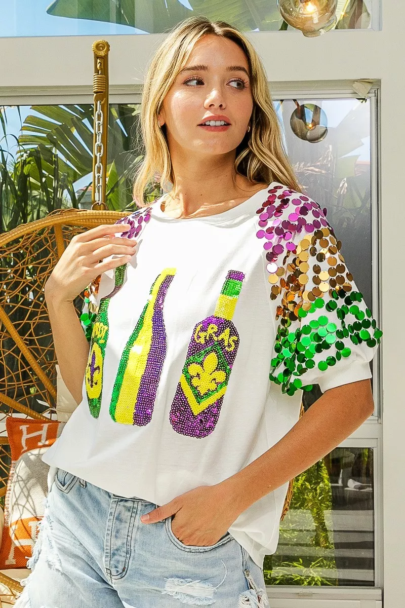 BiBi Sequin Mardi Gras Bottles Spangled Sleeve Top - Image 23