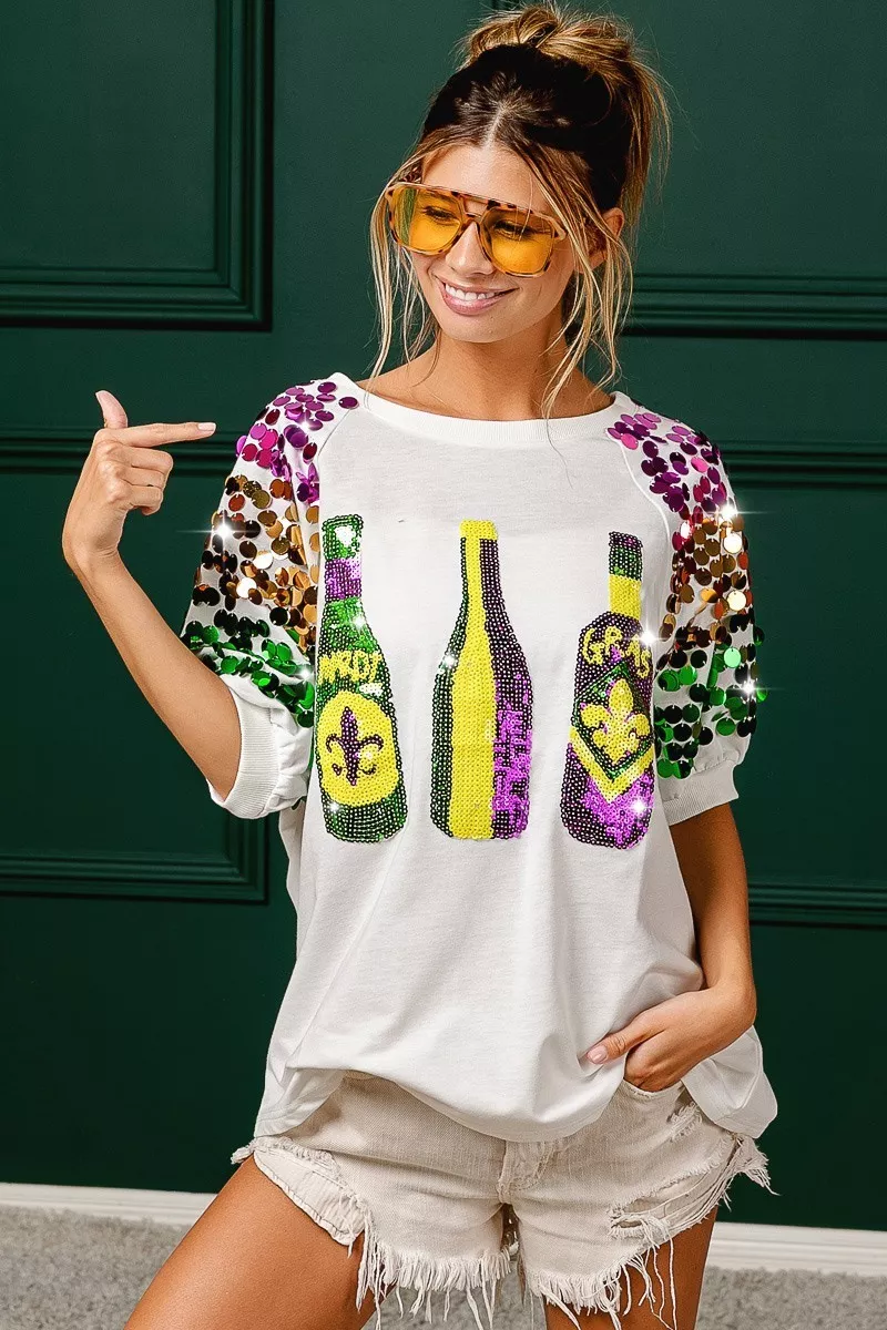 BiBi Sequin Mardi Gras Bottles Spangled Sleeve Top - Image 27