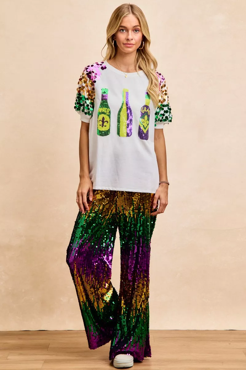 BiBi Sequin Mardi Gras Bottles Spangled Sleeve Top - Image 9
