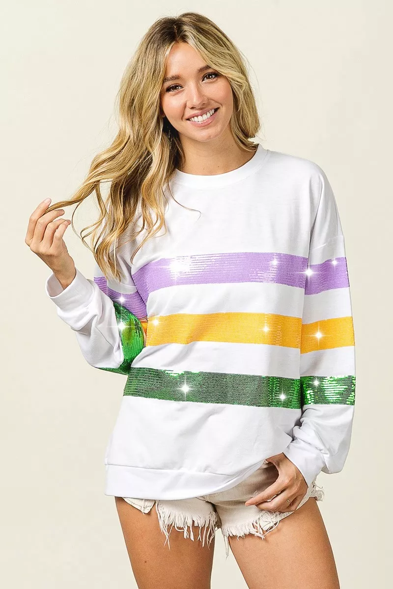 BiBi Sequin Mardi Gras Striped Round Neck Sweatshirt - Image 2