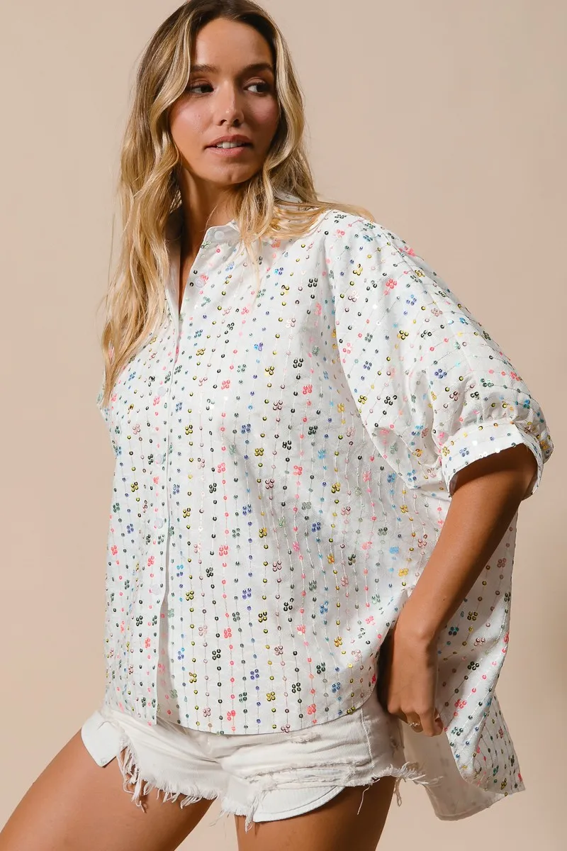 BiBi Sequin Striped Short Dolman Sleeve Blouse - Image 3