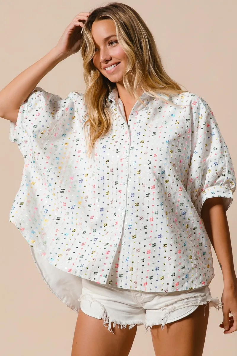 BiBi Sequin Striped Short Dolman Sleeve Blouse - Image 4