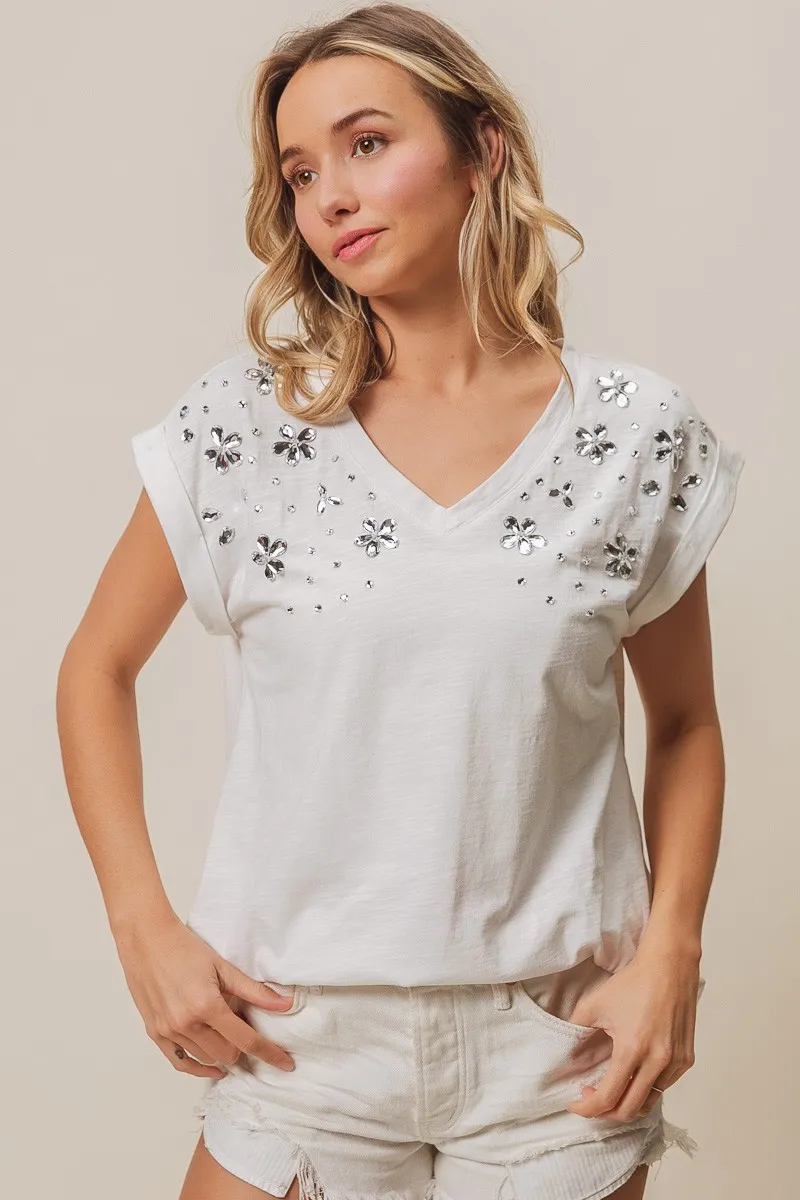 BiBi Slub Jersey Rhinestone V Neck Top - Image 8