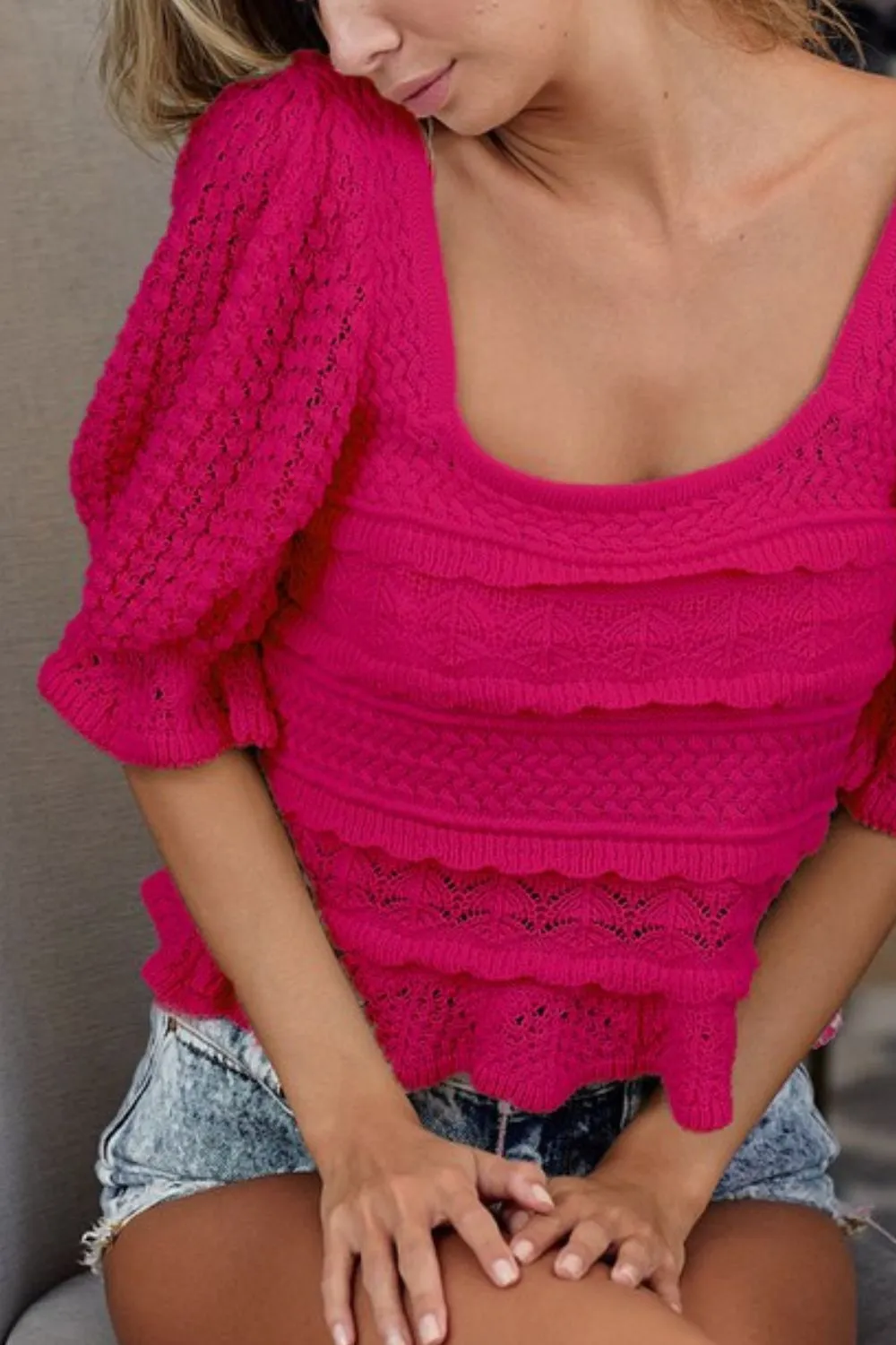 BiBi Square Neckline with Puff Sleeve Crochet Top - Image 2