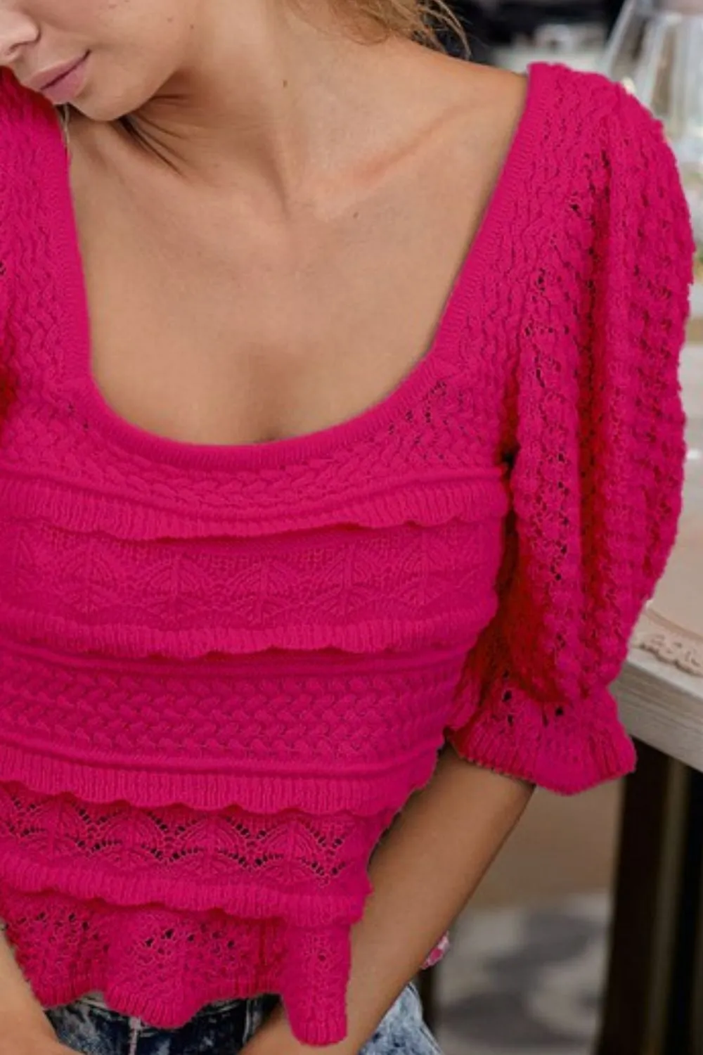 BiBi Square Neckline with Puff Sleeve Crochet Top - Image 3