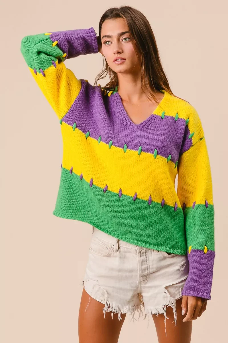 BiBi Stitch Detail Mardi Gras Stripes Sweater - Image 18