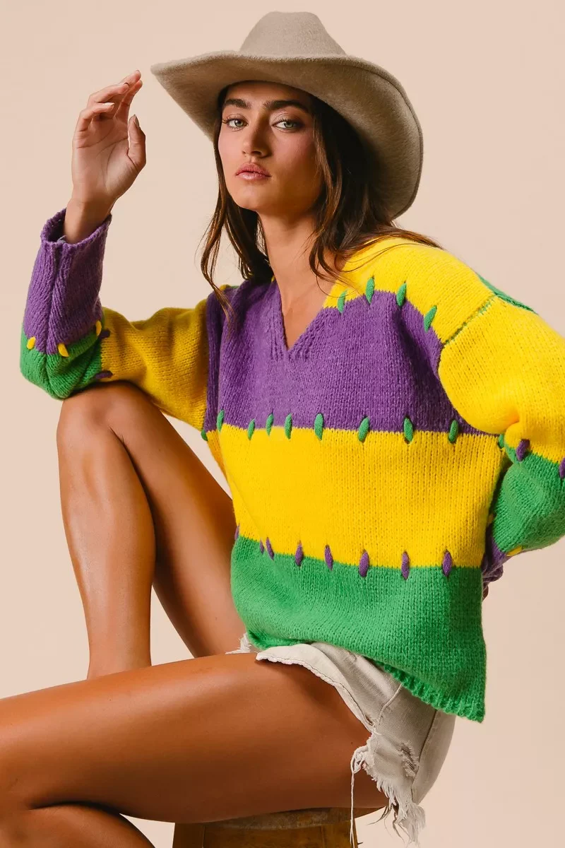 BiBi Stitch Detail Mardi Gras Stripes Sweater - Image 2