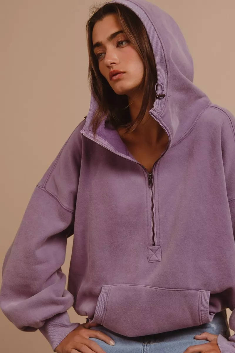 BiBi Stitch Detailed Elastic Hem Half Zip Fleece Hoodie - Image 2