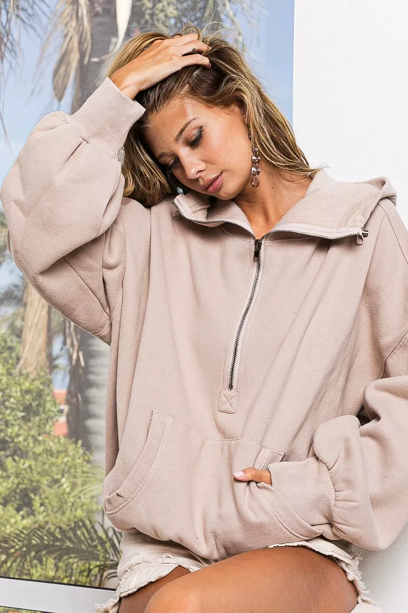BiBi Stitch Detailed Elastic Hem Half Zip Fleece Hoodie - Image 3