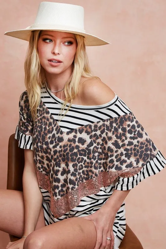 BiBi Stripe Rayon Span Knit Color Block Top With Leopard - Image 10
