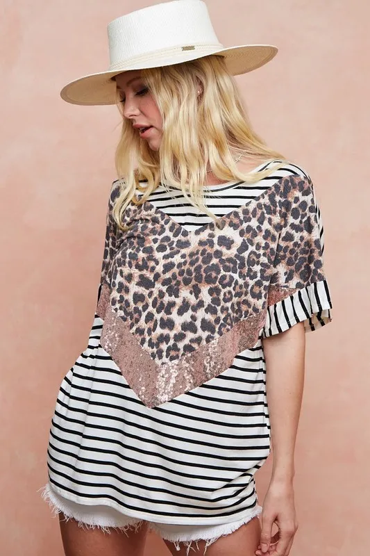 BiBi Stripe Rayon Span Knit Color Block Top With Leopard - Image 17