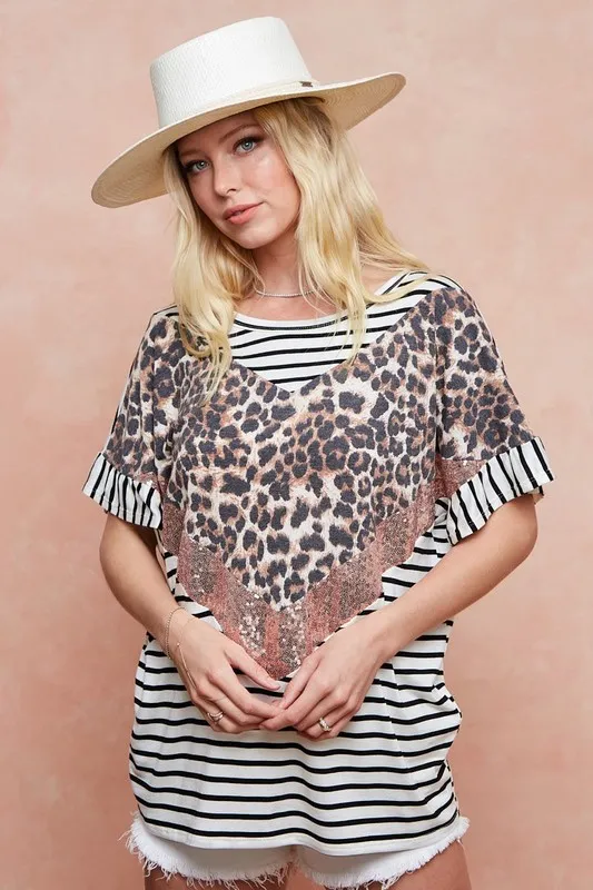BiBi Stripe Rayon Span Knit Color Block Top With Leopard - Image 18