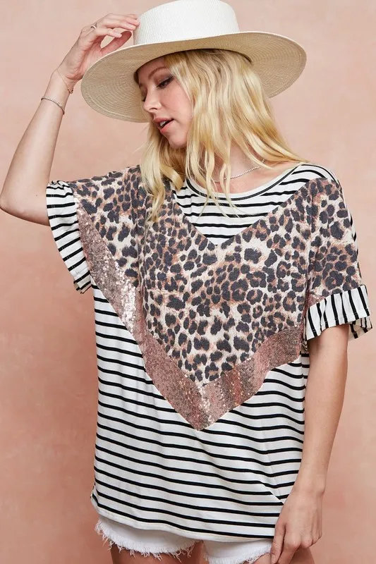 BiBi Stripe Rayon Span Knit Color Block Top With Leopard - Image 2