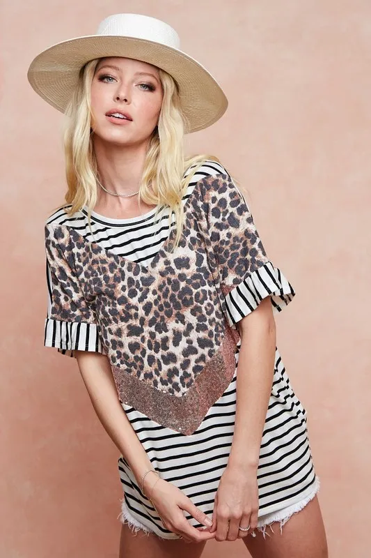 BiBi Stripe Rayon Span Knit Color Block Top With Leopard - Image 7