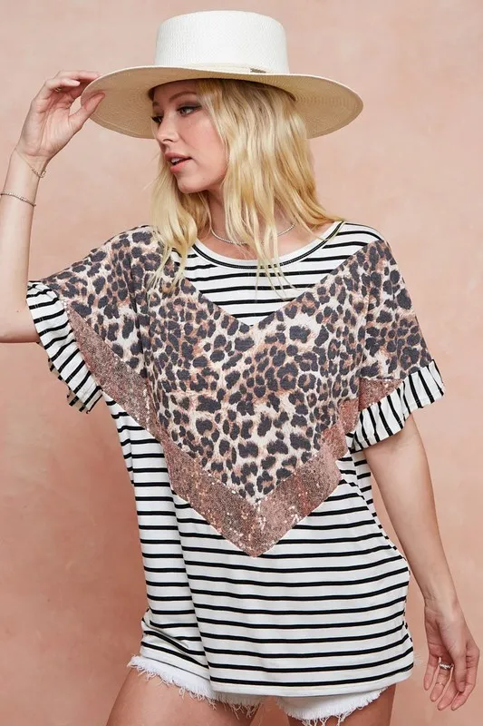 BiBi Stripe Rayon Span Knit Color Block Top With Leopard - Image 9