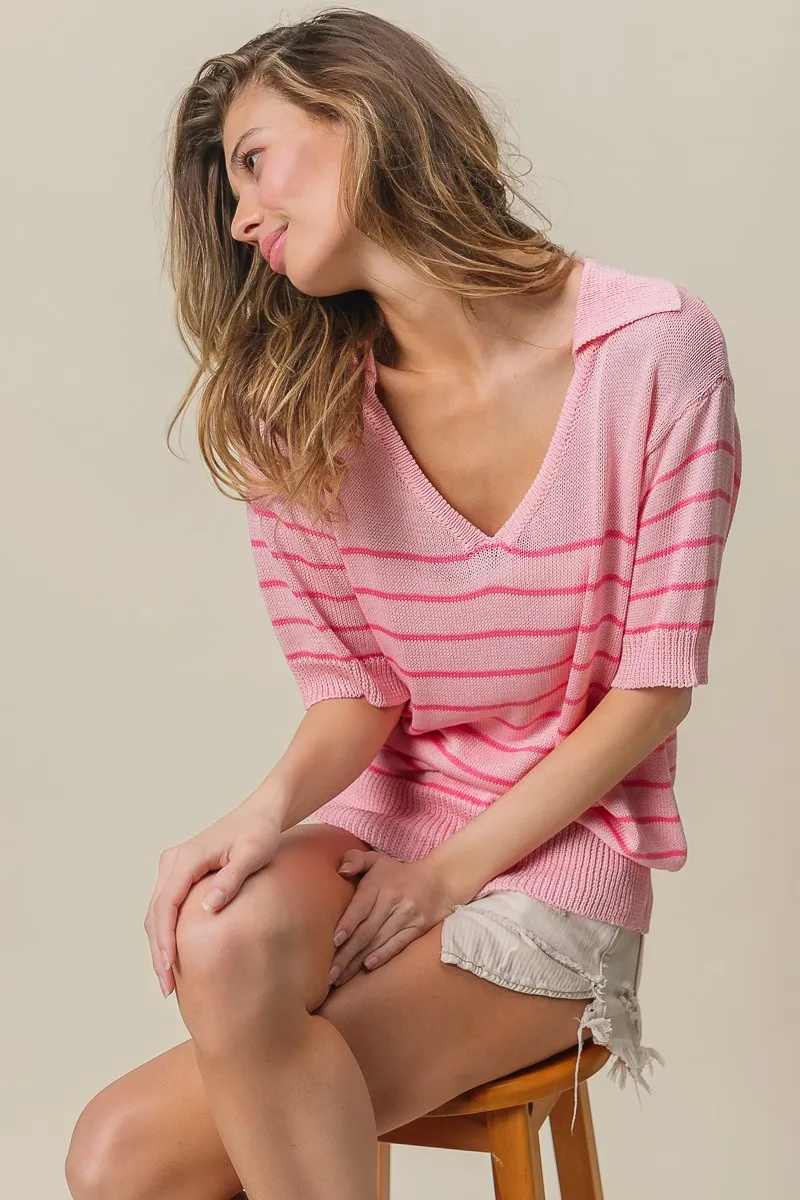 BiBi Stripe Short Sleeves Collared V Neck Top - Image 12