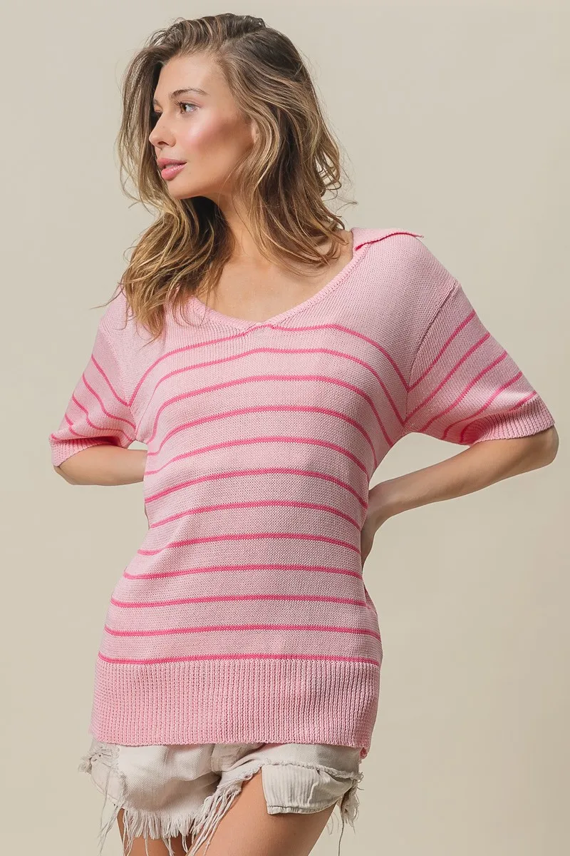 BiBi Stripe Short Sleeves Collared V Neck Top - Image 2
