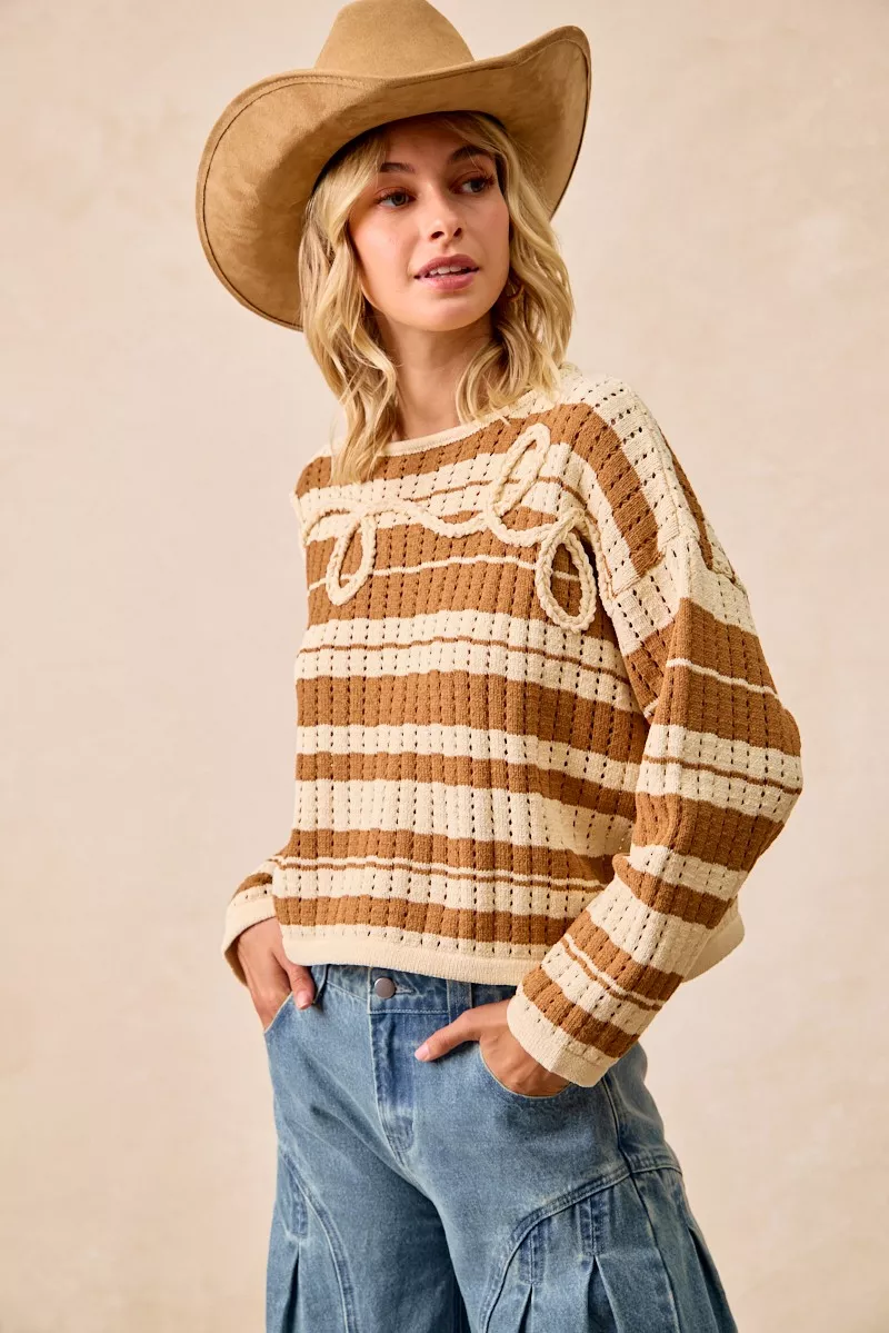 BiBi Striped Open Knit Sweater Top with Front Braided Detail - Image 12