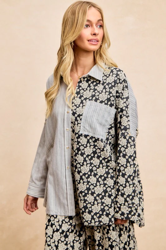 BiBi Stripes Jacquard Floral Mix And Match Shirt Top - Image 2