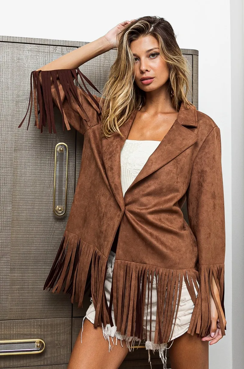 BiBi Suede Single Blazer with Fringed Hem - Image 11