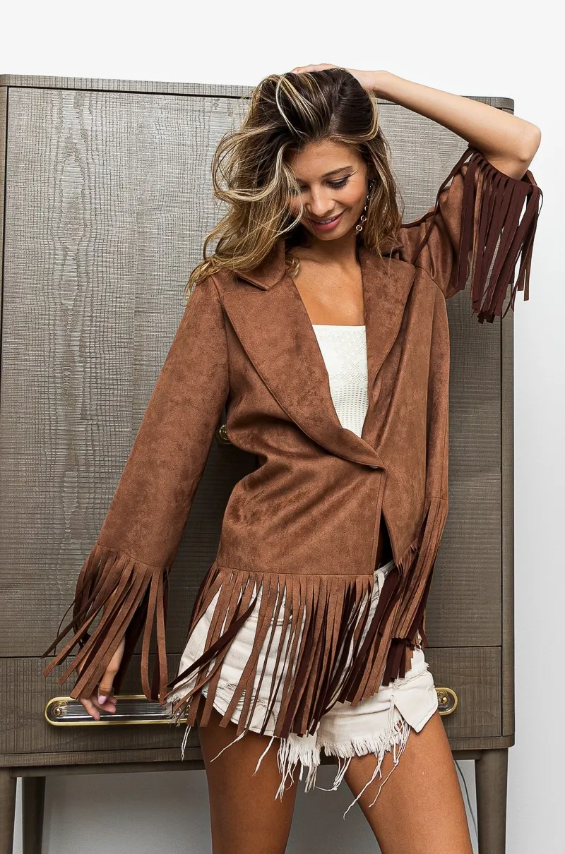 BiBi Suede Single Blazer with Fringed Hem - Image 6