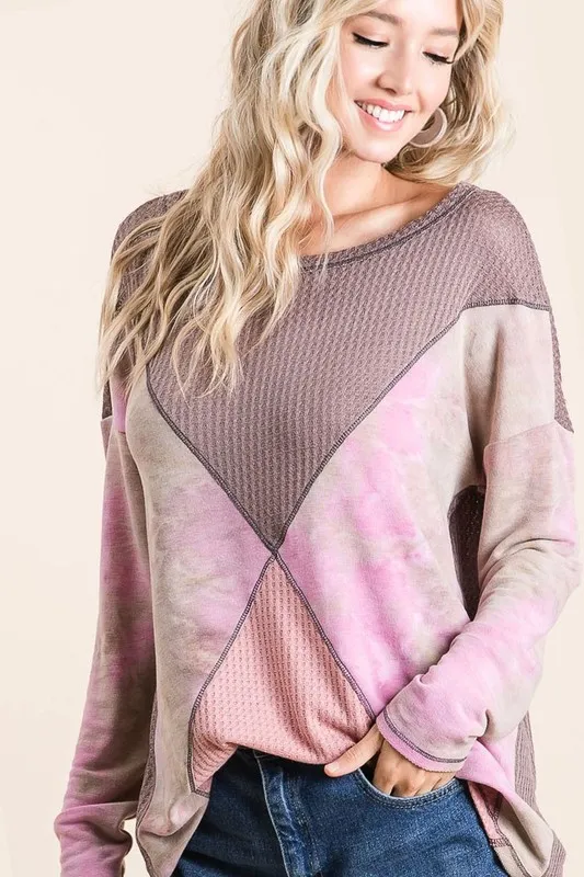 BiBi Thermal Waffle Color Block Top with Tie Dye - Image 5